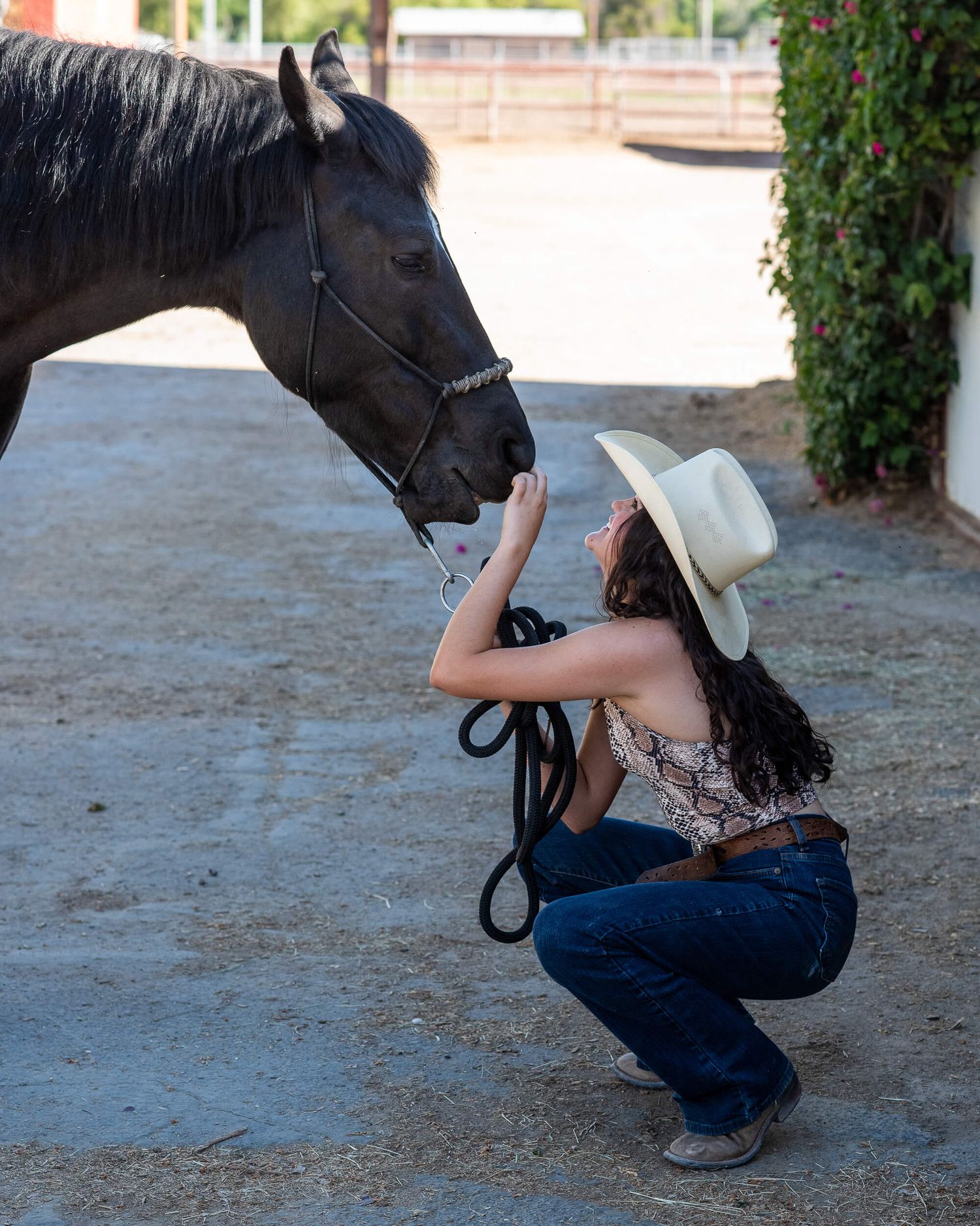 A young woman in a cowboy hat and jeans crouches to kiss a dark horse while holding its lead rope outdoors.