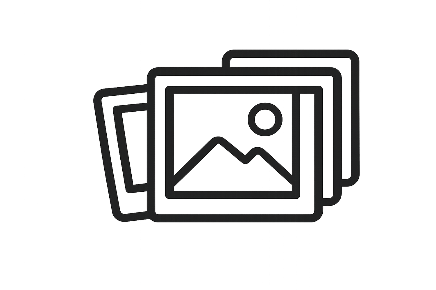 Stack of three photo frames with image placeholder icon showing mountains and sun outline.