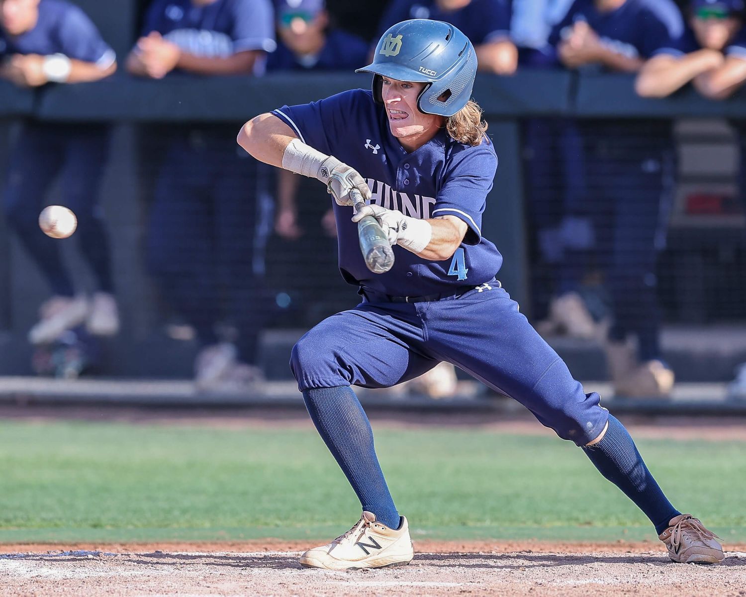 College baseball player in navy uniform attempts bunt during competitive NCAA baseball game at outdoor stadium.