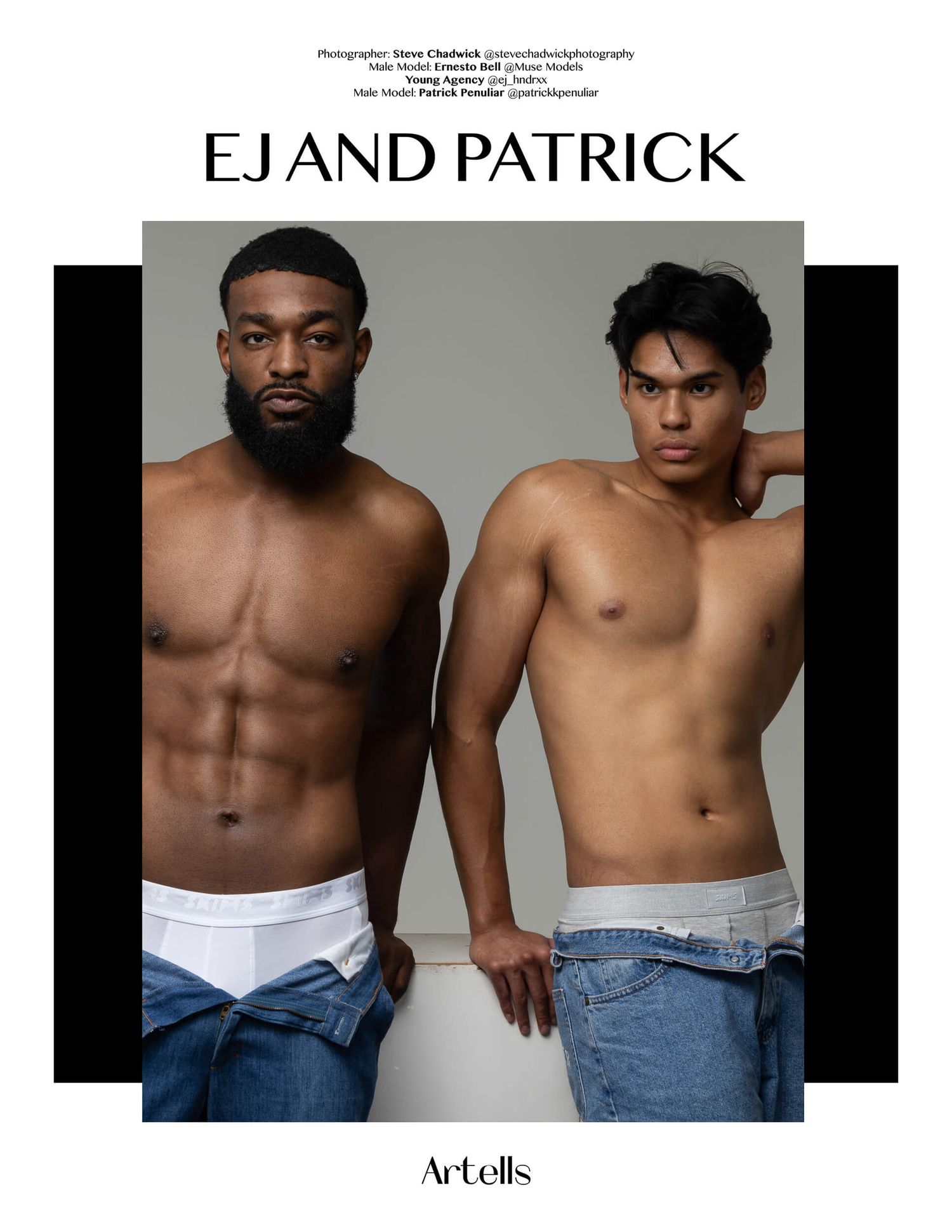 Two male models EJ and Patrick pose shirtless in jeans for Artells magazine editorial spread.