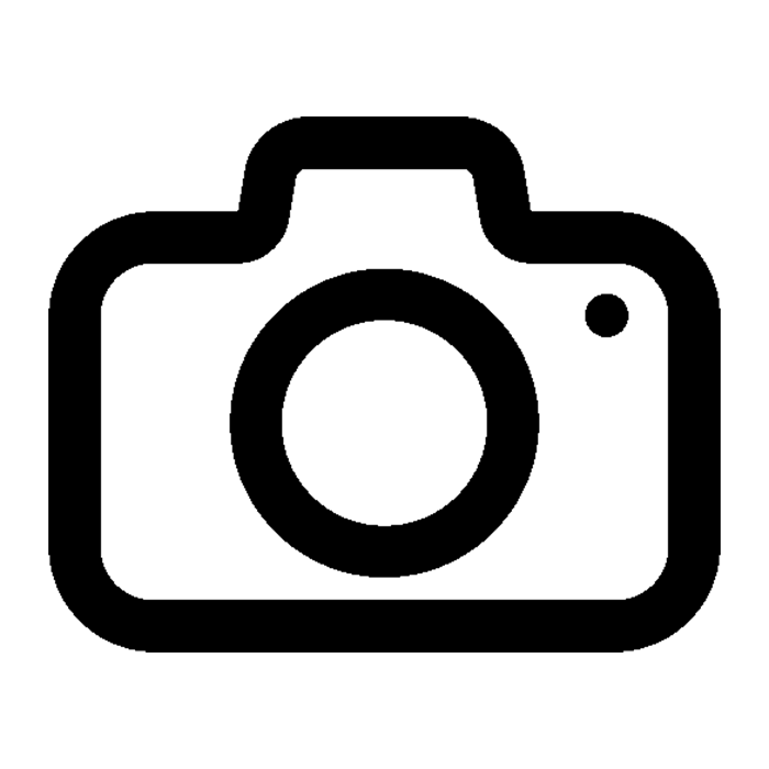 Black and white camera icon with a circular lens, viewfinder bump, and rounded rectangle body on white background.