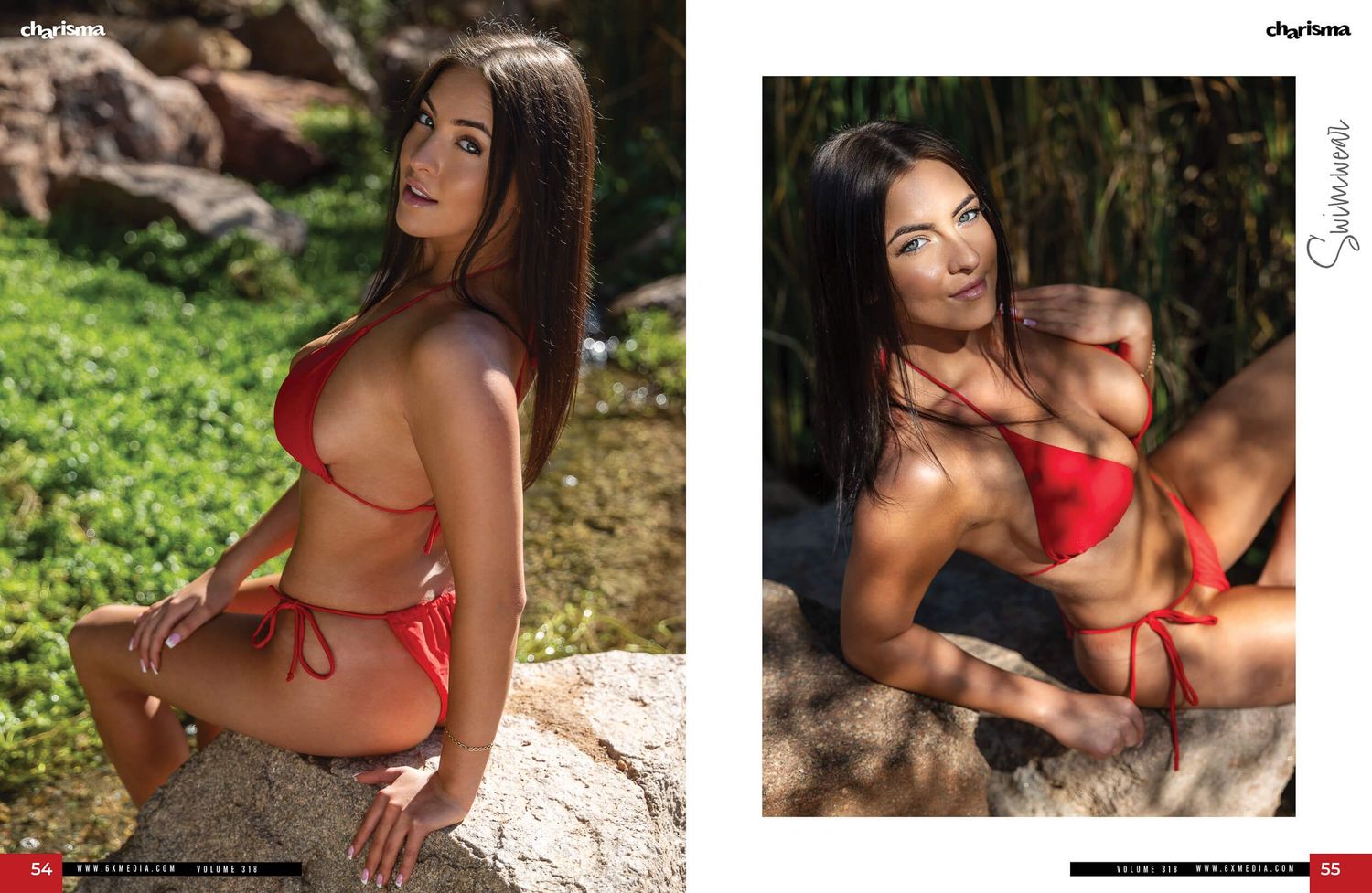 Woman in red bikini posing outdoors on rocks surrounded by tropical greenery.