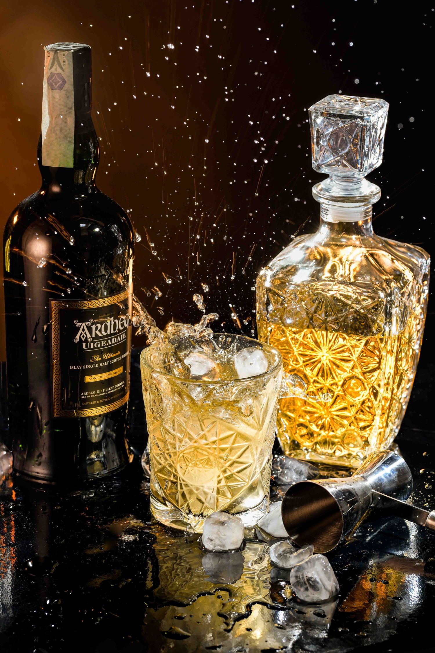 Premium whisky still life photography with cinematic mood lighting
