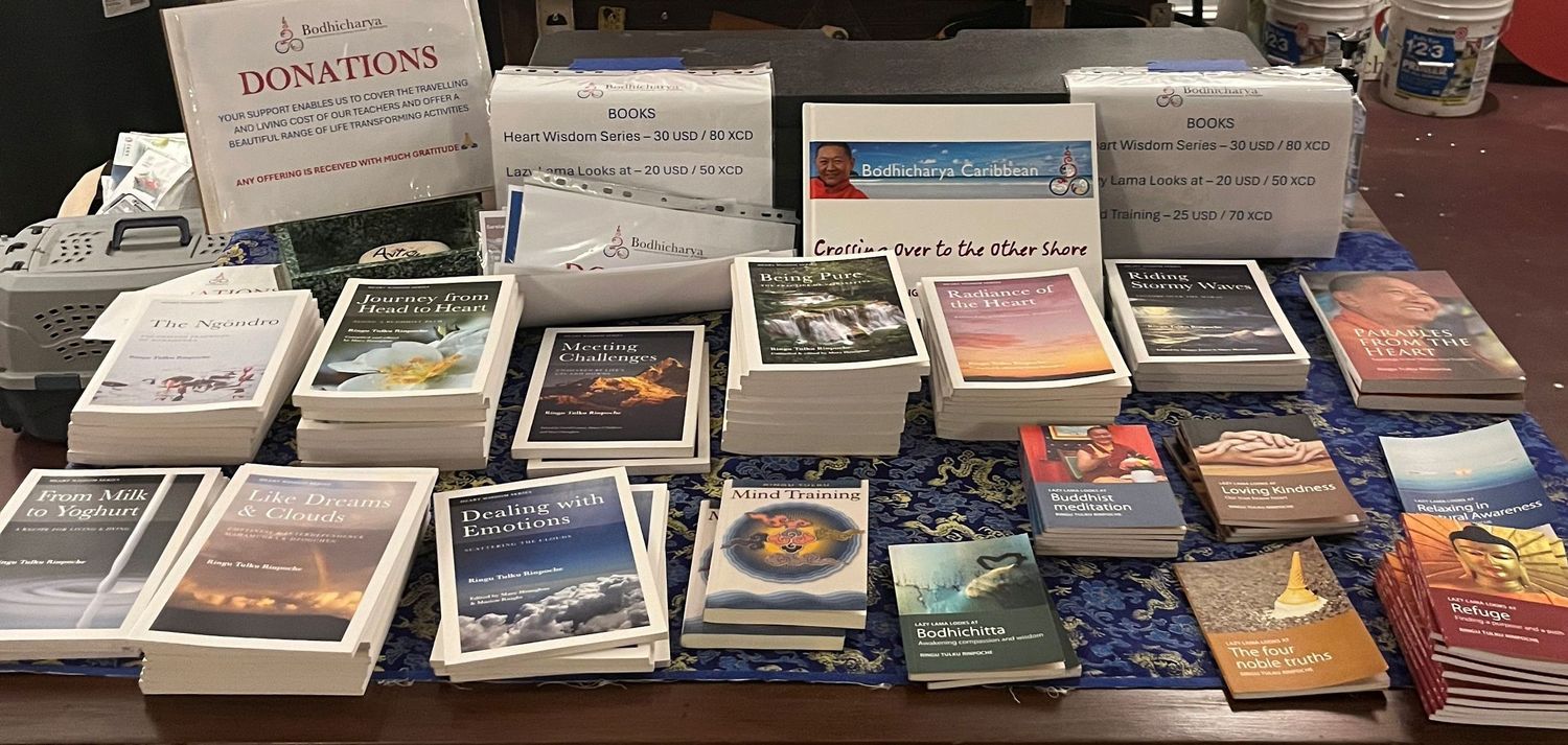A table display of religious books and pamphlets with a donations sign at a community event or church gathering.