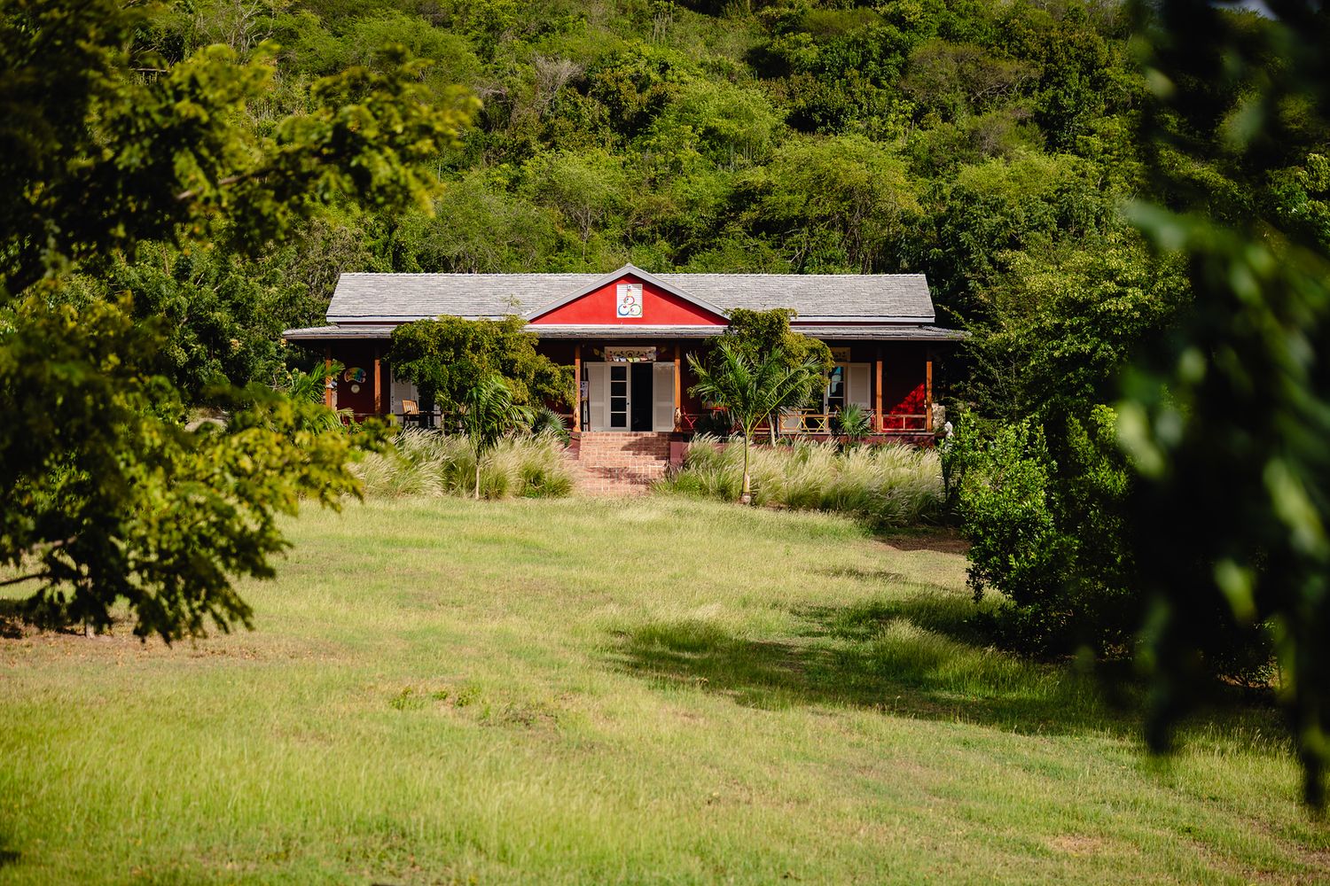 Red cottage surrounded by lush green trees and meadow grass in a serene rural countryside setting.