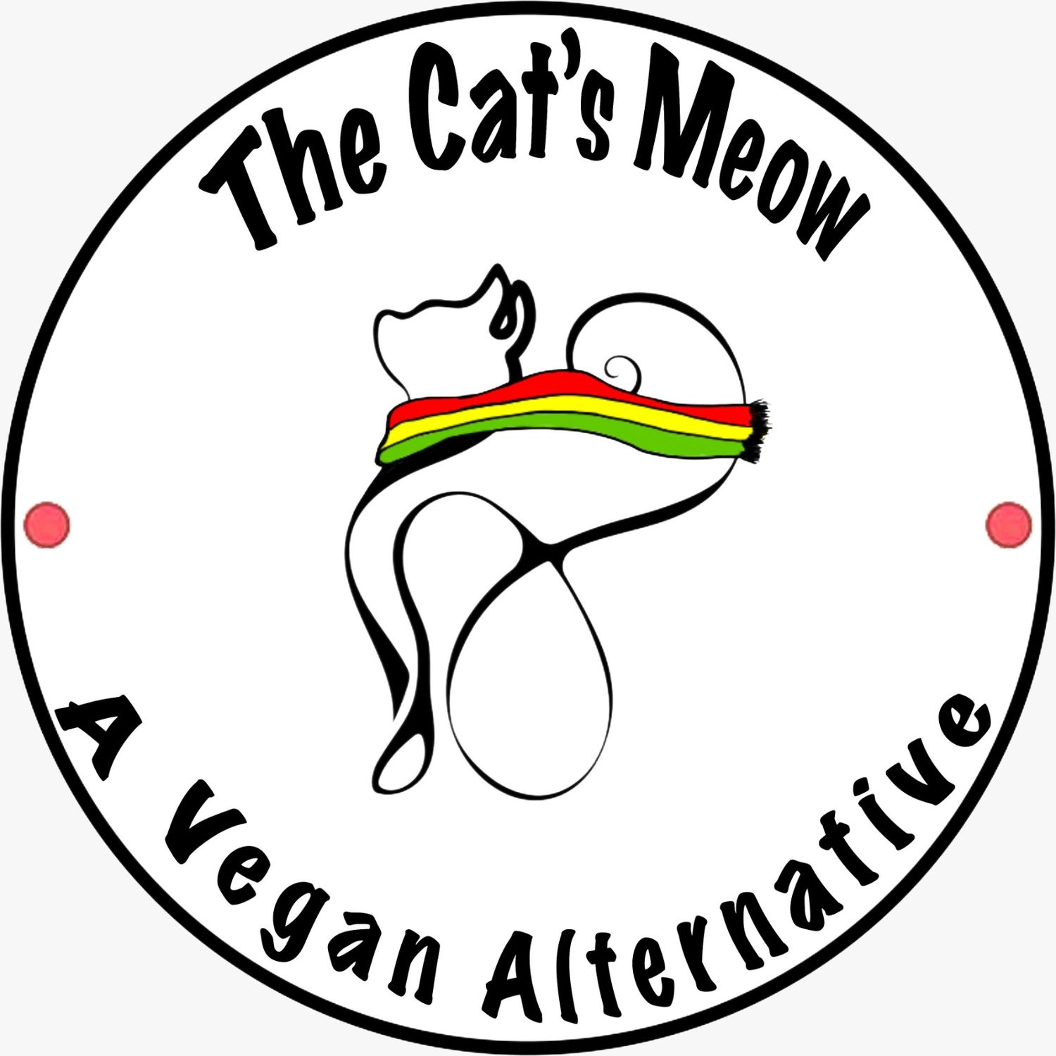 The Cat's Meow vegan alternative logo featuring a cat with colorful rainbow scarf in a circular black and white design.