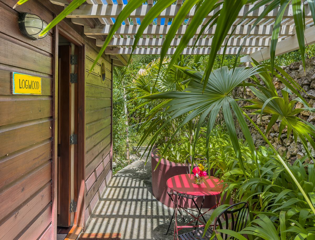 Tropical bungalow entrance with lush palm foliage, wooden siding, and a cozy red bistro table set on a shaded porch.