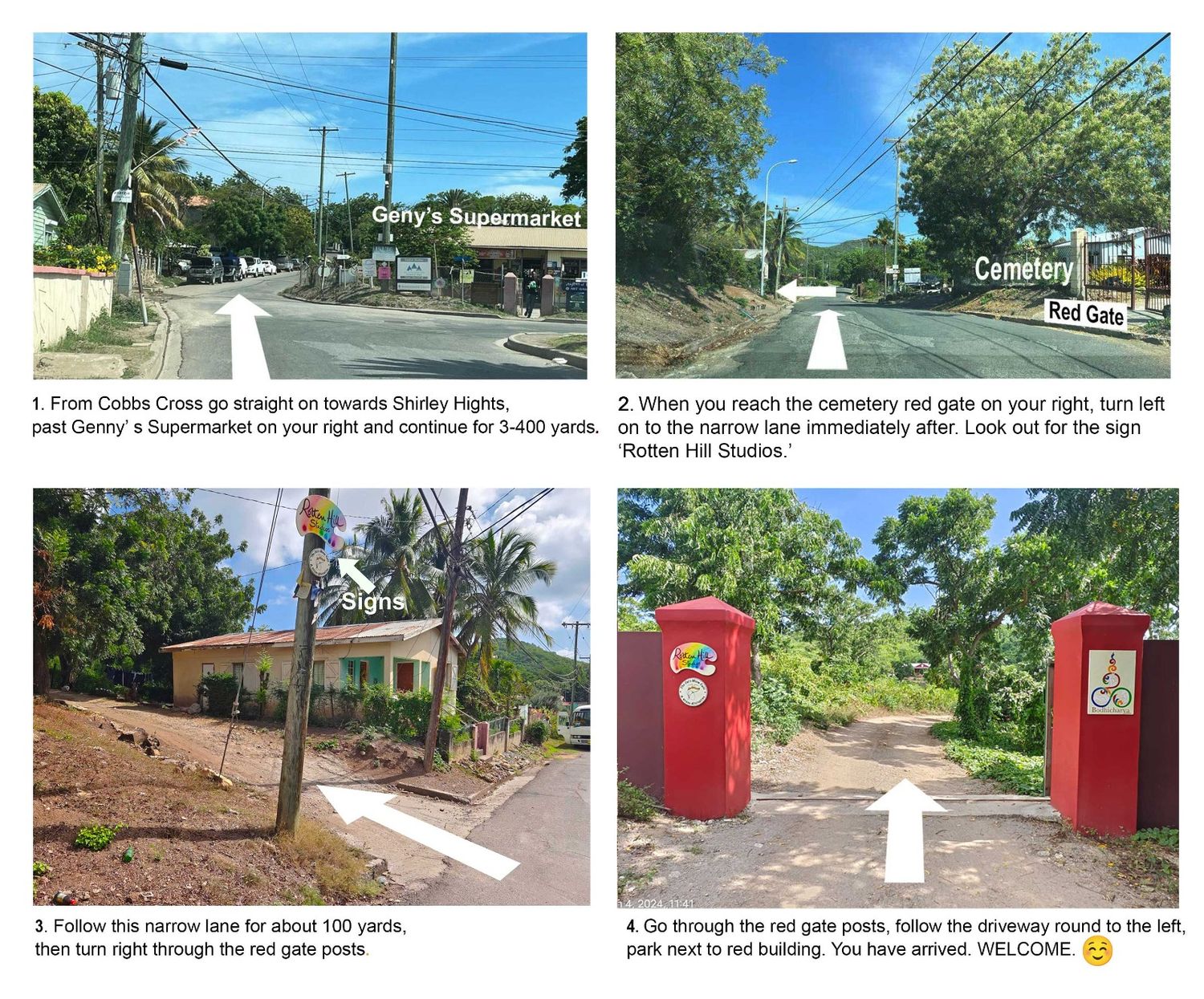 Directions to Rottan Hill Studio showing road signs, Gennys Supermarket, cemetery red gate, narrow lane, and driveway entrance.
