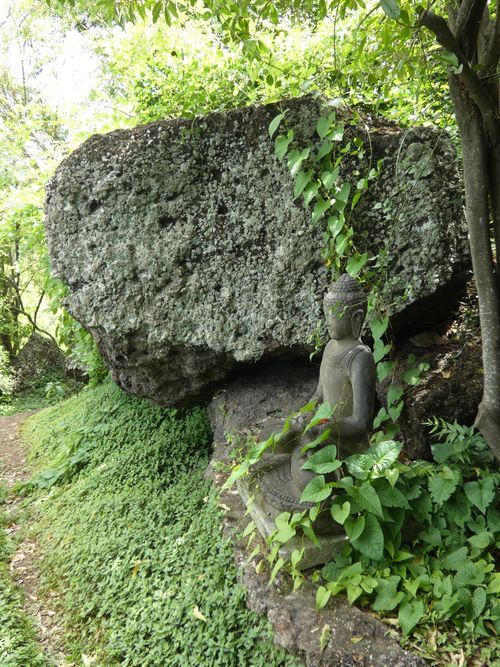 Stone Buddha statue nestled beside a large moss-covered boulder surrounded by lush green foliage in a serene garden.