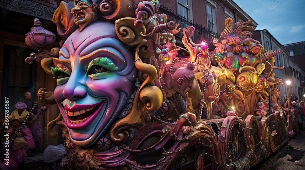 Colorful Mardi Gras parade float featuring a giant smiling jester mask with vibrant decorations in New Orleans.