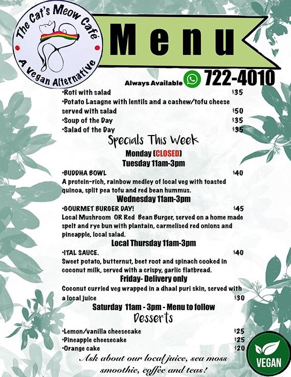 Vegan menu for The Cat's Meow Cafe featuring weekly specials including Buddha Bowl, Gourmet Burger, and desserts with prices.