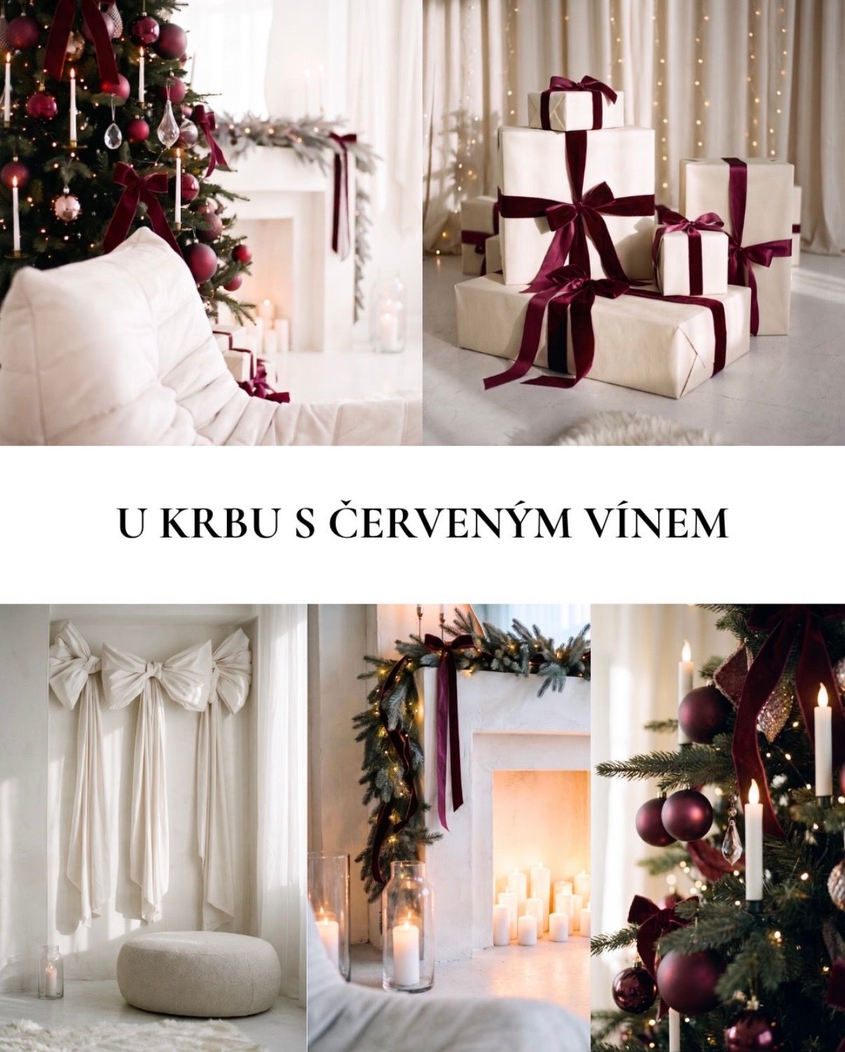 Elegant Christmas scene with white gifts tied in burgundy ribbons, a decorated tree, and a cozy fireplace in festive decor.