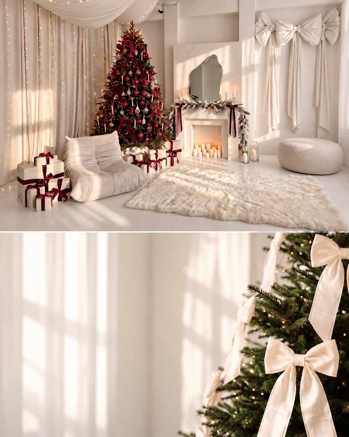 Elegant white Christmas room with decorated tree, gifts, fireplace, and cream bows on curtains in a bright holiday setting.