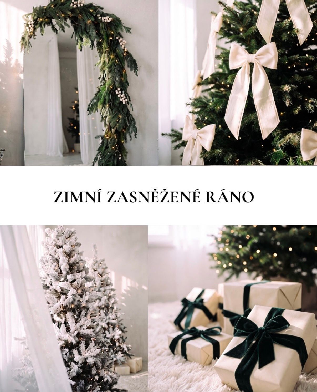Elegant winter Christmas decor collage featuring snowy trees, white bows, and wrapped gifts in green and white.