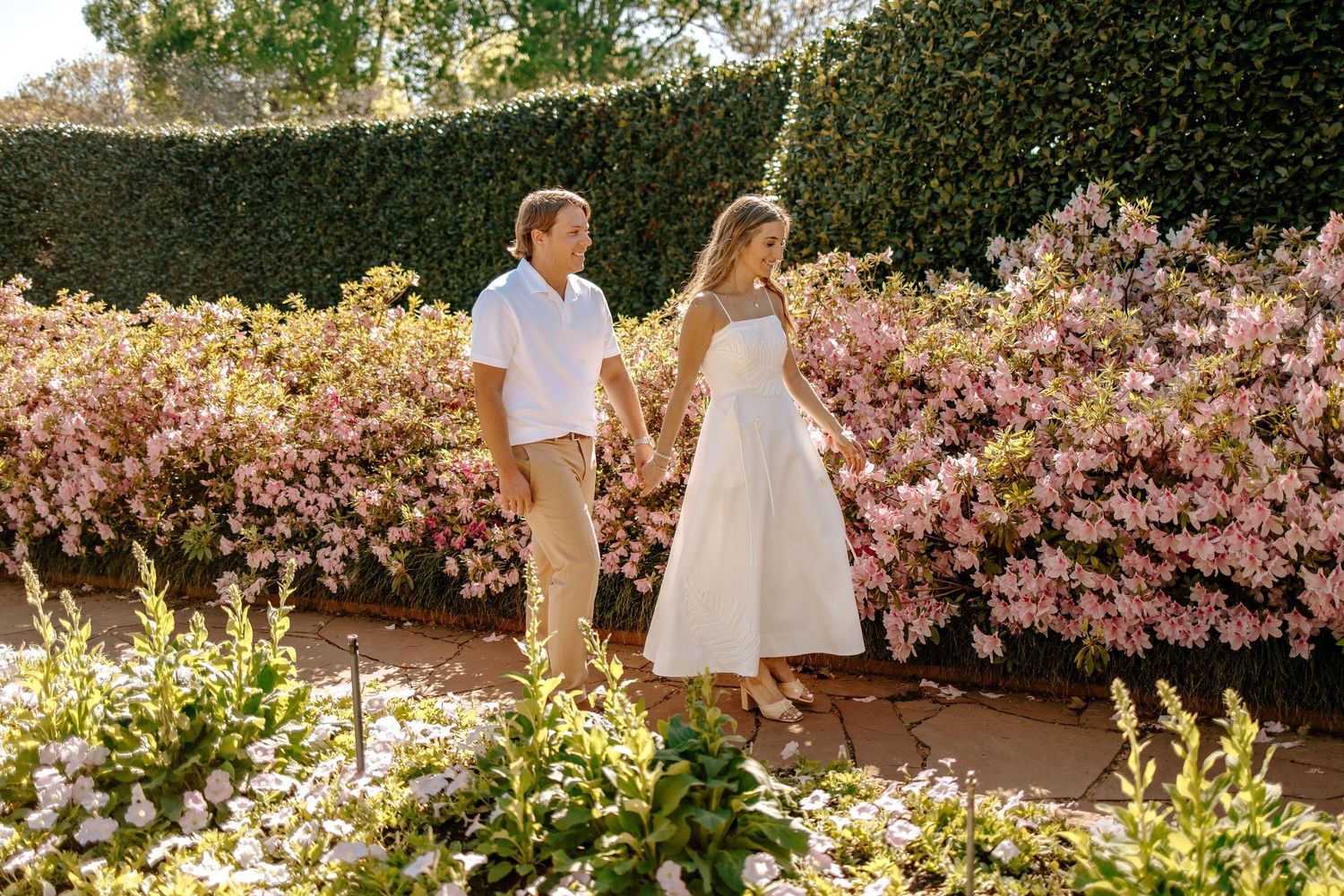Couple walks hand in hand through a stunning garden blooming with pink flowers.
