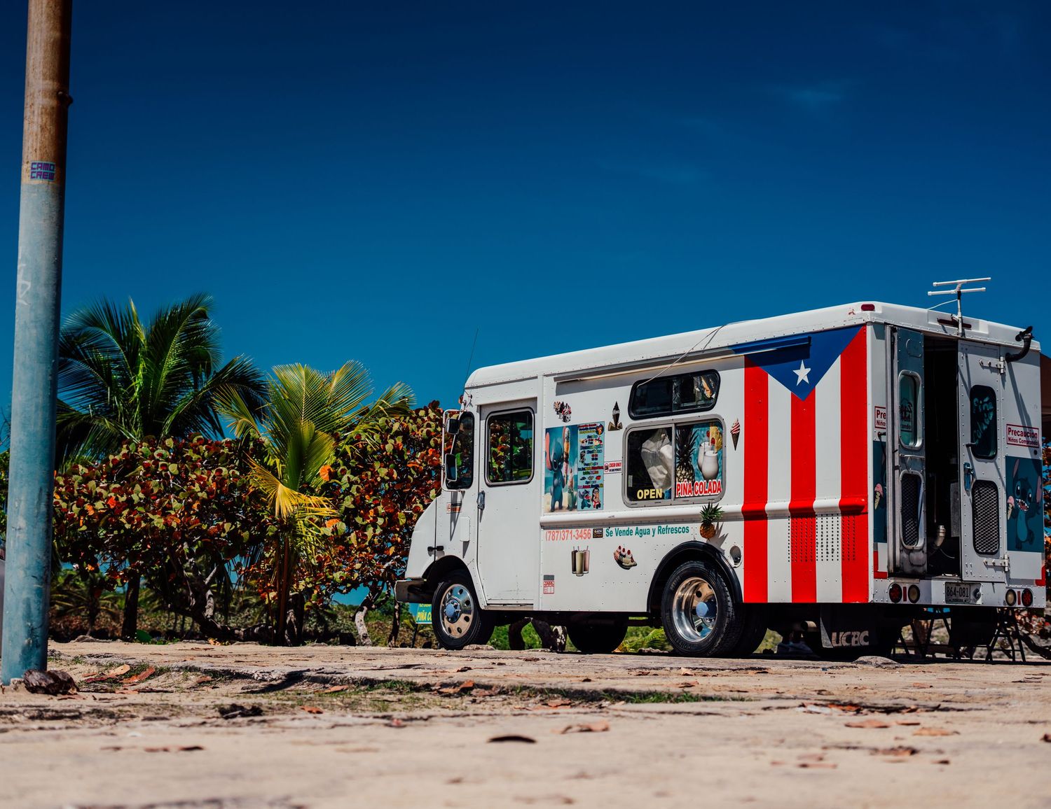 Ice cream truck decorated with Puerto Rican flag parked near palm trees on sunny beach.