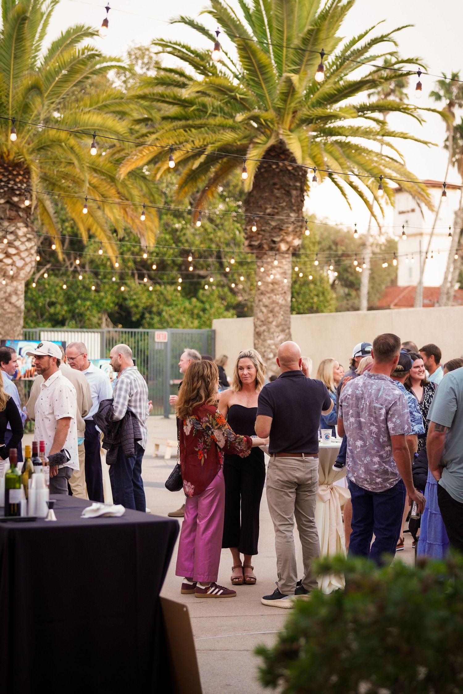 Guests mingle and chat on a patio beneath string lights and palm trees at an evening outdoor reception with wine.
