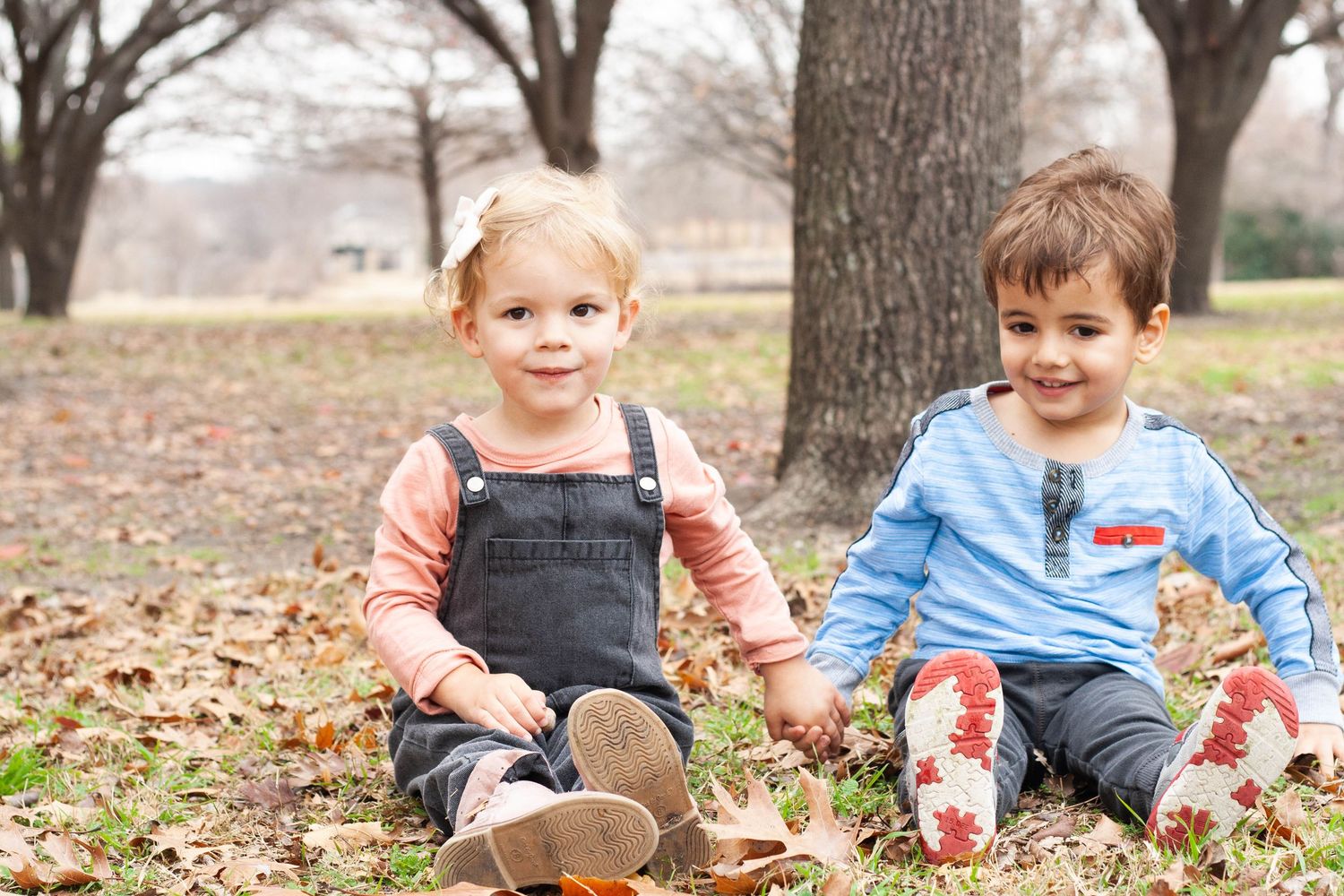 Vibrant autumn children's photography of a toddler boy and girl holding hands surrounded by colorful fall leaves at Chisholm Trail Park.