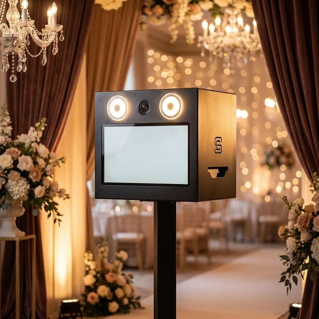 Photobooth noir moderne avec éclairage circulaire et écran tactile lors d'une élégante réception de mariage.