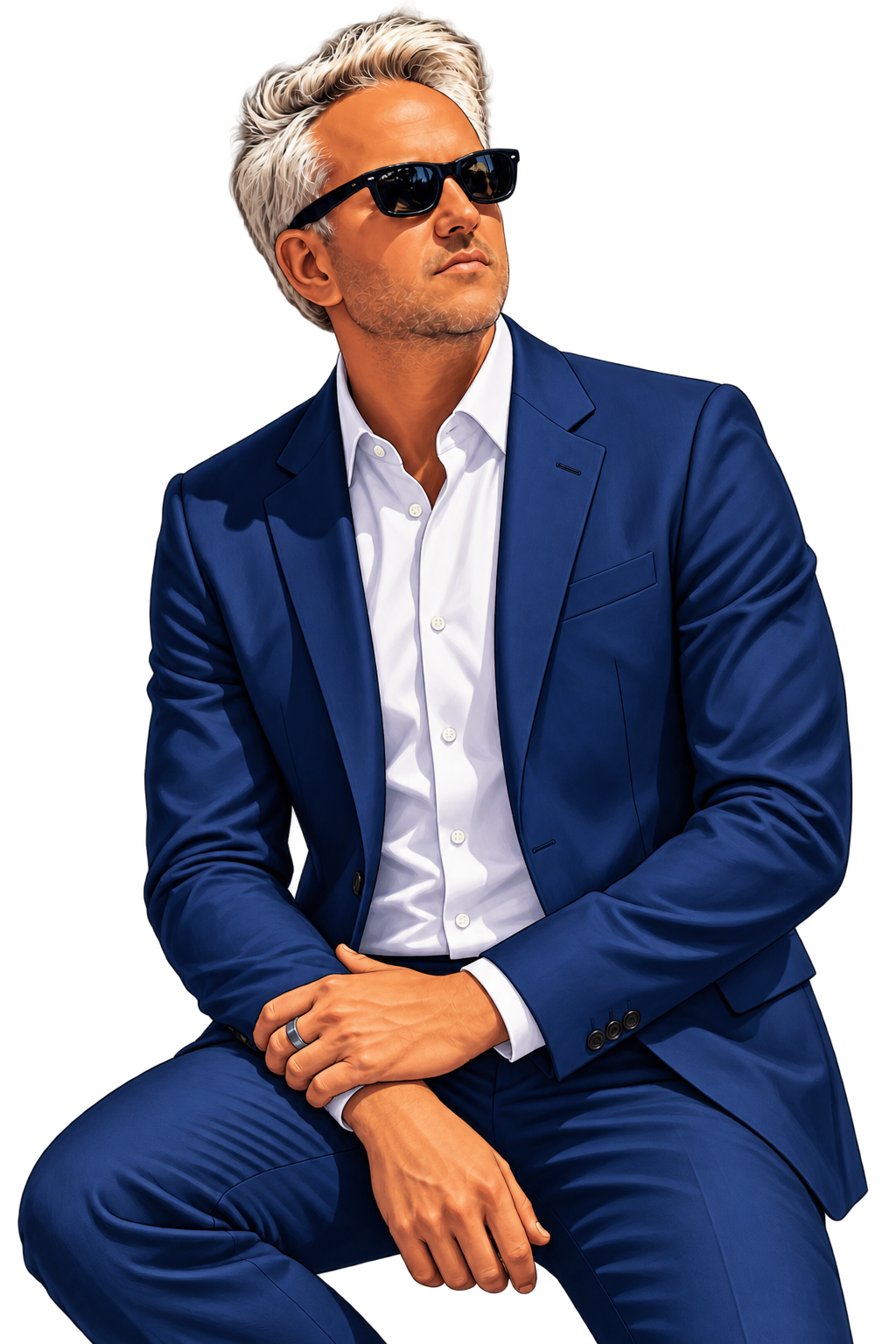 Portrait d’André Devienne en costume bleu et chemise blanche, portant des lunettes de soleil.