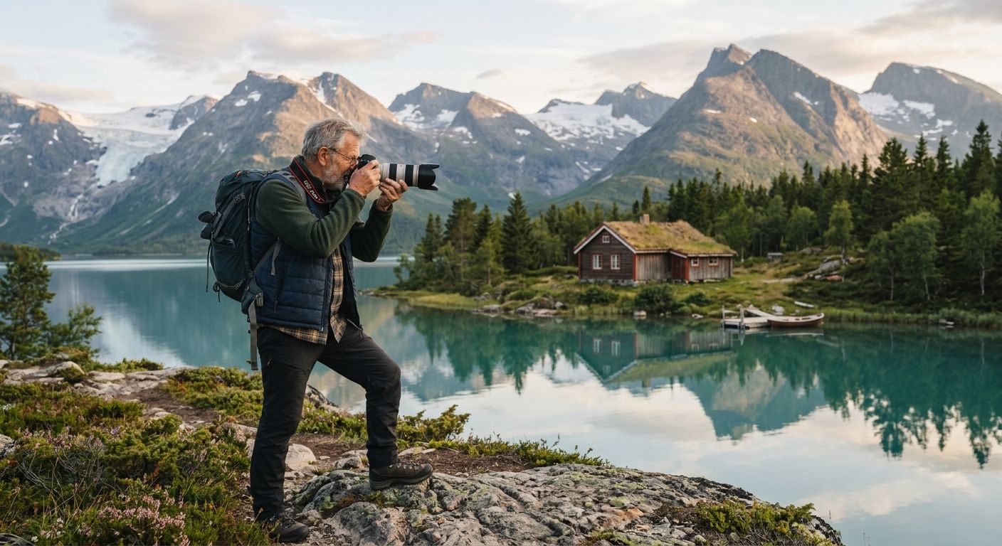 Photographer with a backpack shoots a mountain landscape from a rocky outcrop above a turquoise lake and a red cabin.