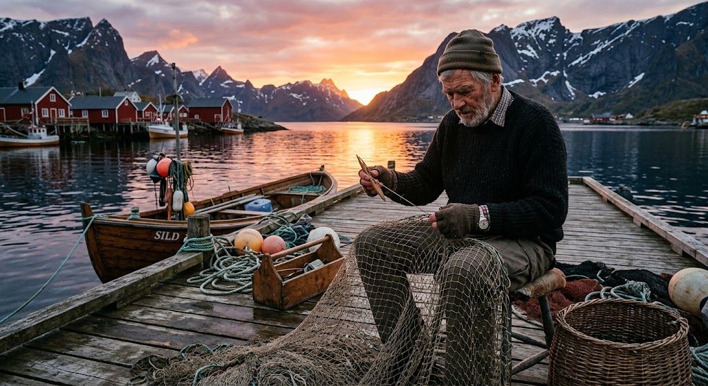 Elderly fisherman in a wool beanie mends a fishing net on a wooden dock beside boats, with red cabins and mountains at sunset.