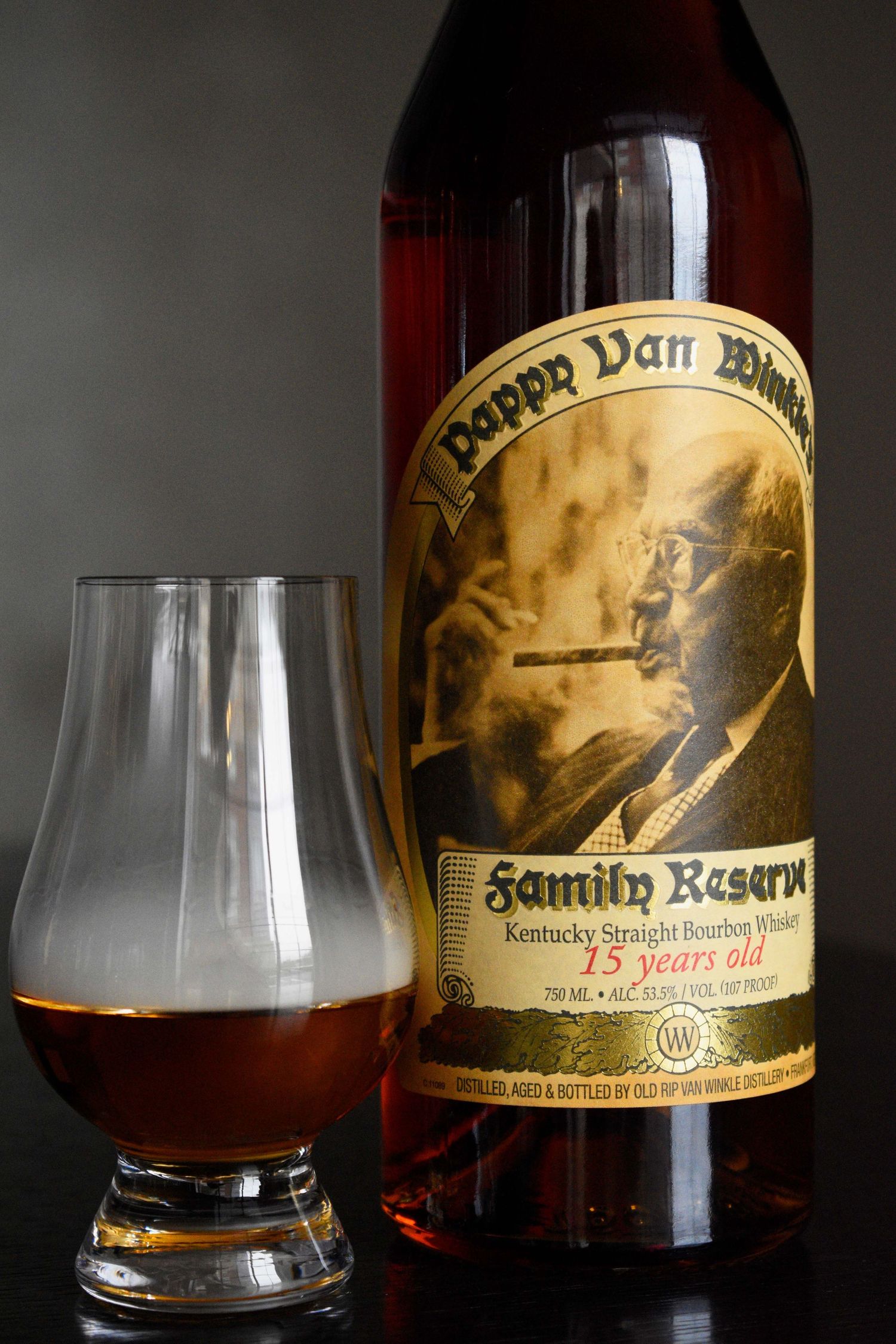 Pappy Van Winkle Family Reserve 15-year Kentucky straight bourbon whiskey bottle with tasting glass.