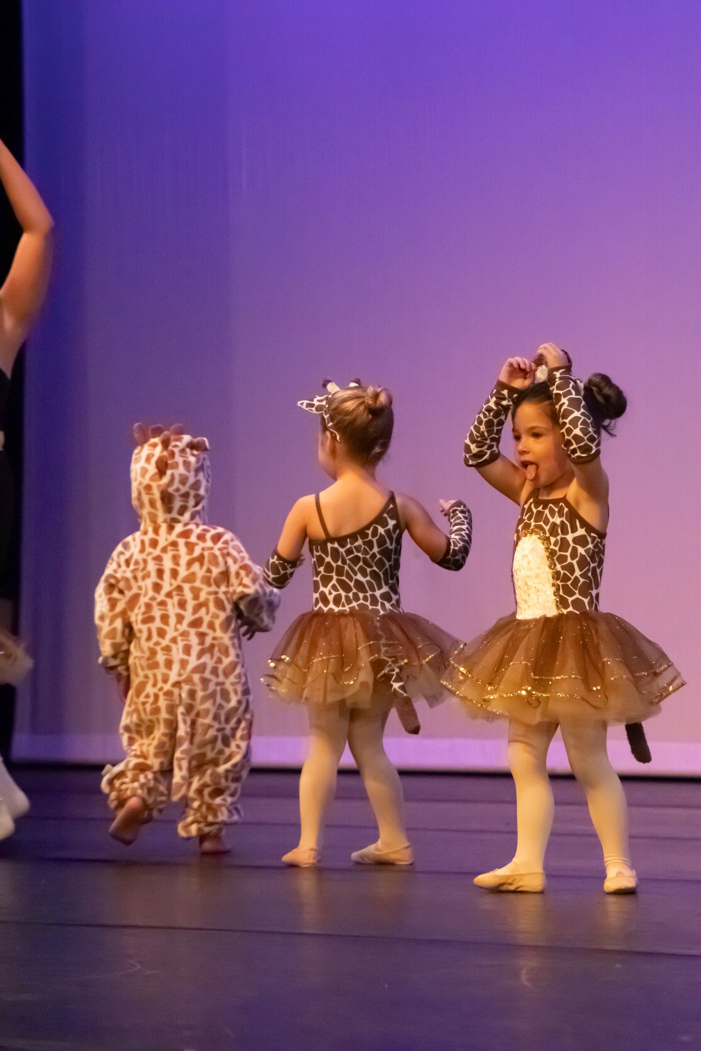 Adorable young children in giraffe costumes and tutus perform a ballet dance on a purple-lit stage.