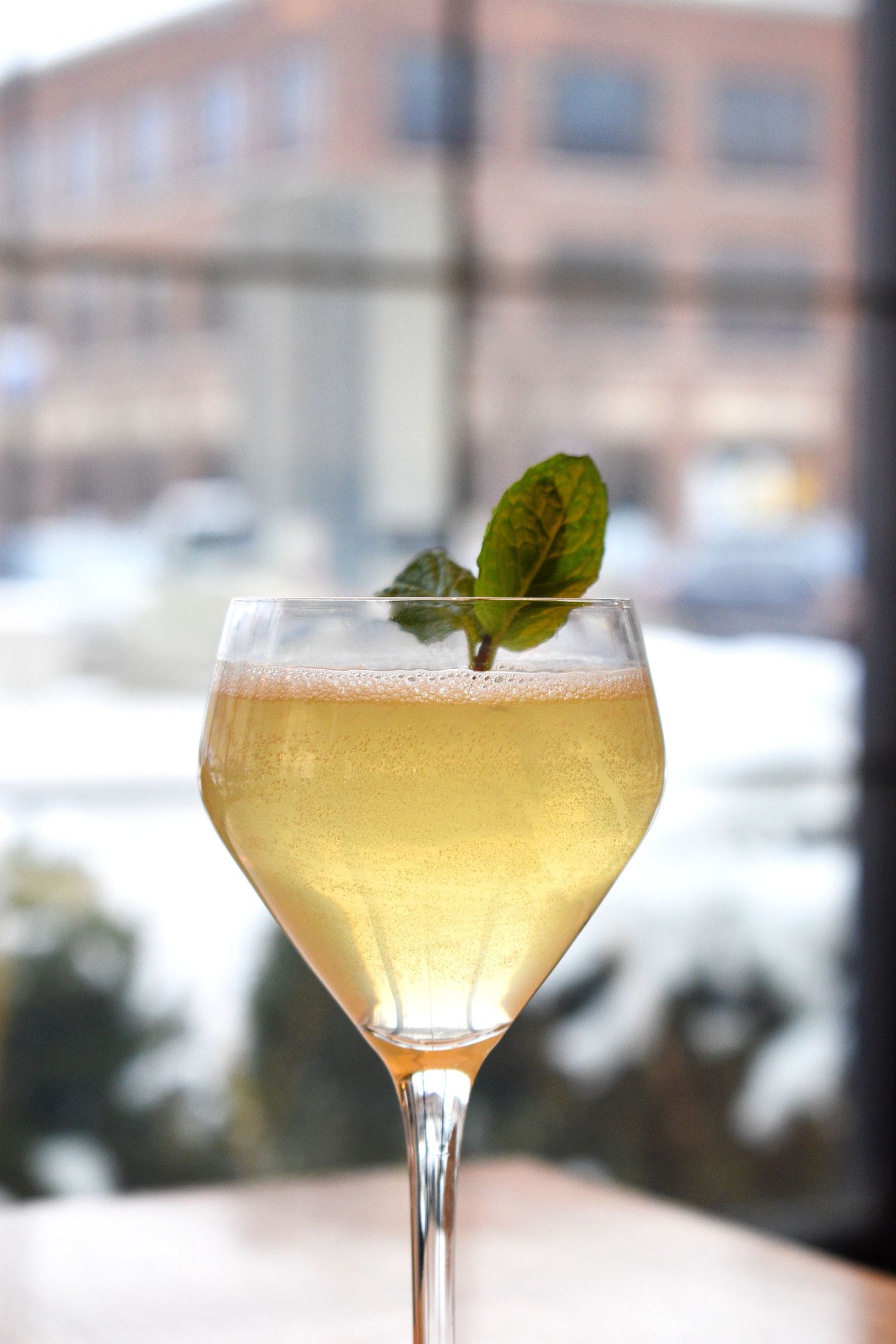 A sparkling yellow cocktail with fresh mint garnish in an elegant wine glass near a bright window.