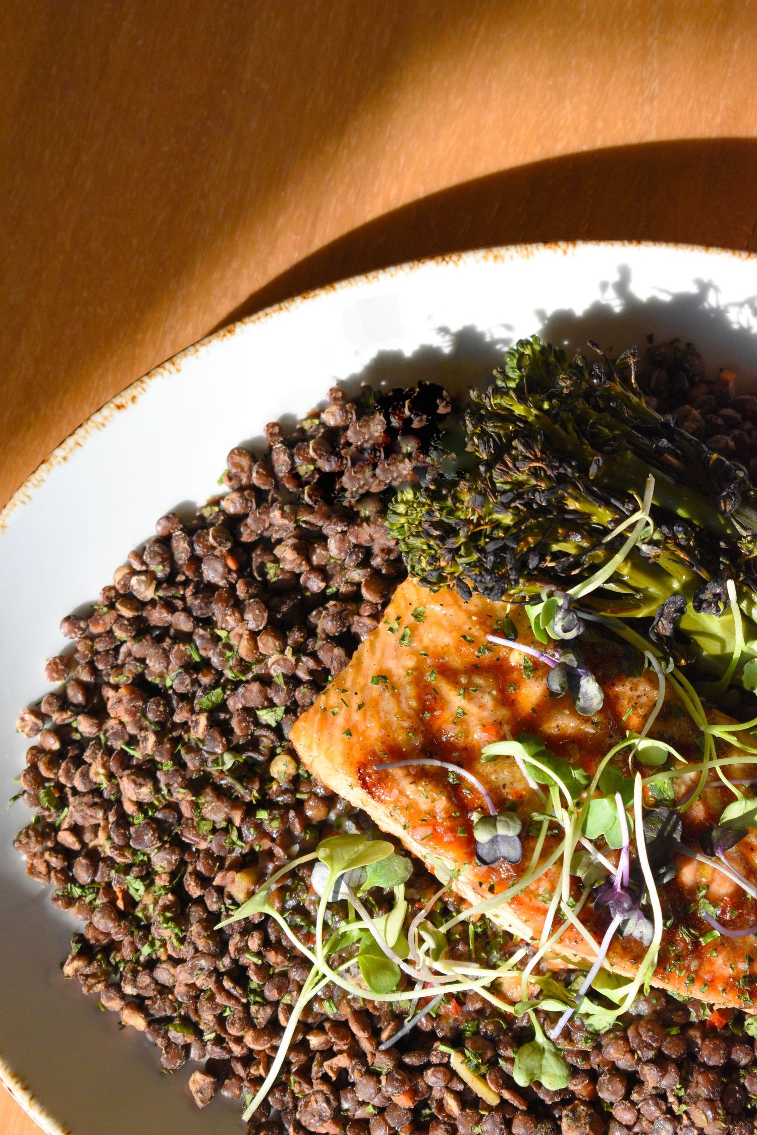 Close-up overhead view of seared salmon with microgreens and roasted broccoli on a bed of black lentils.
