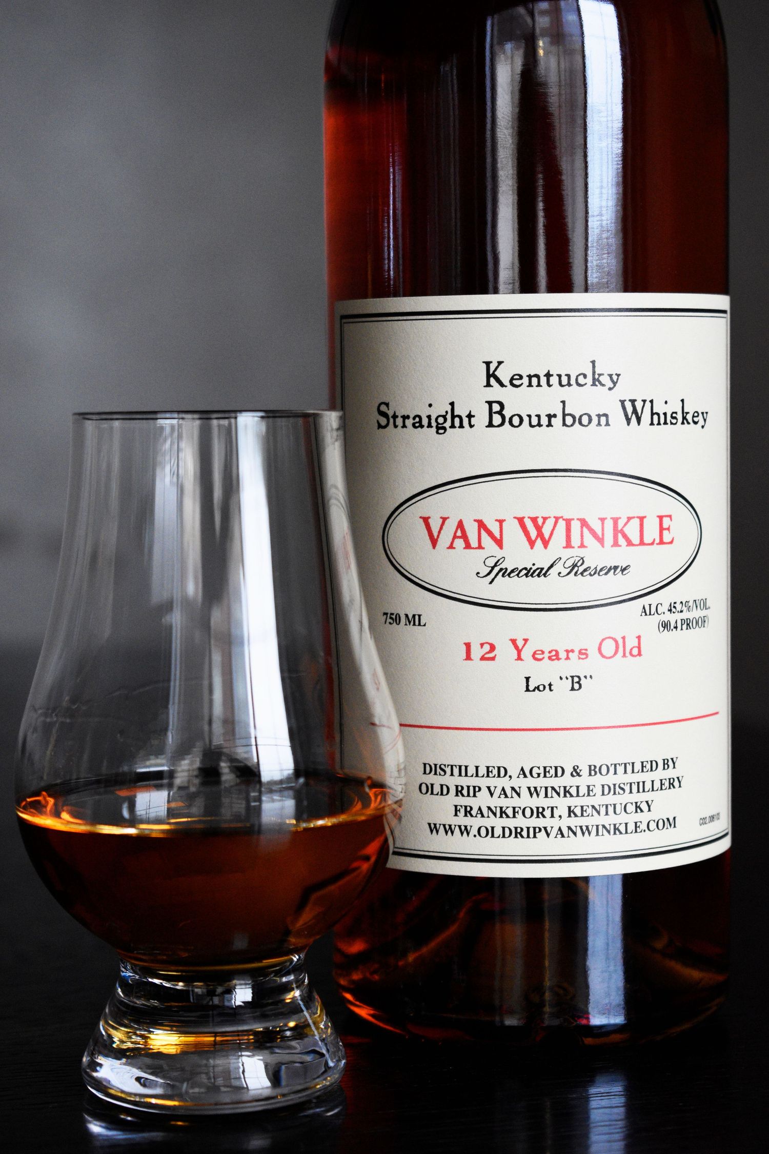 Van Winkle Special Reserve 12 Year Old Lot B Kentucky Straight Bourbon Whiskey with tasting glass.