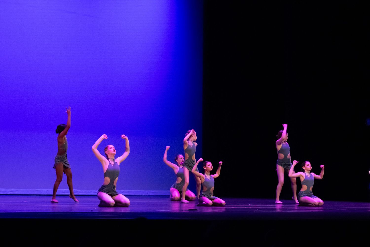 A group of contemporary dancers perform on stage under blue and purple lighting.