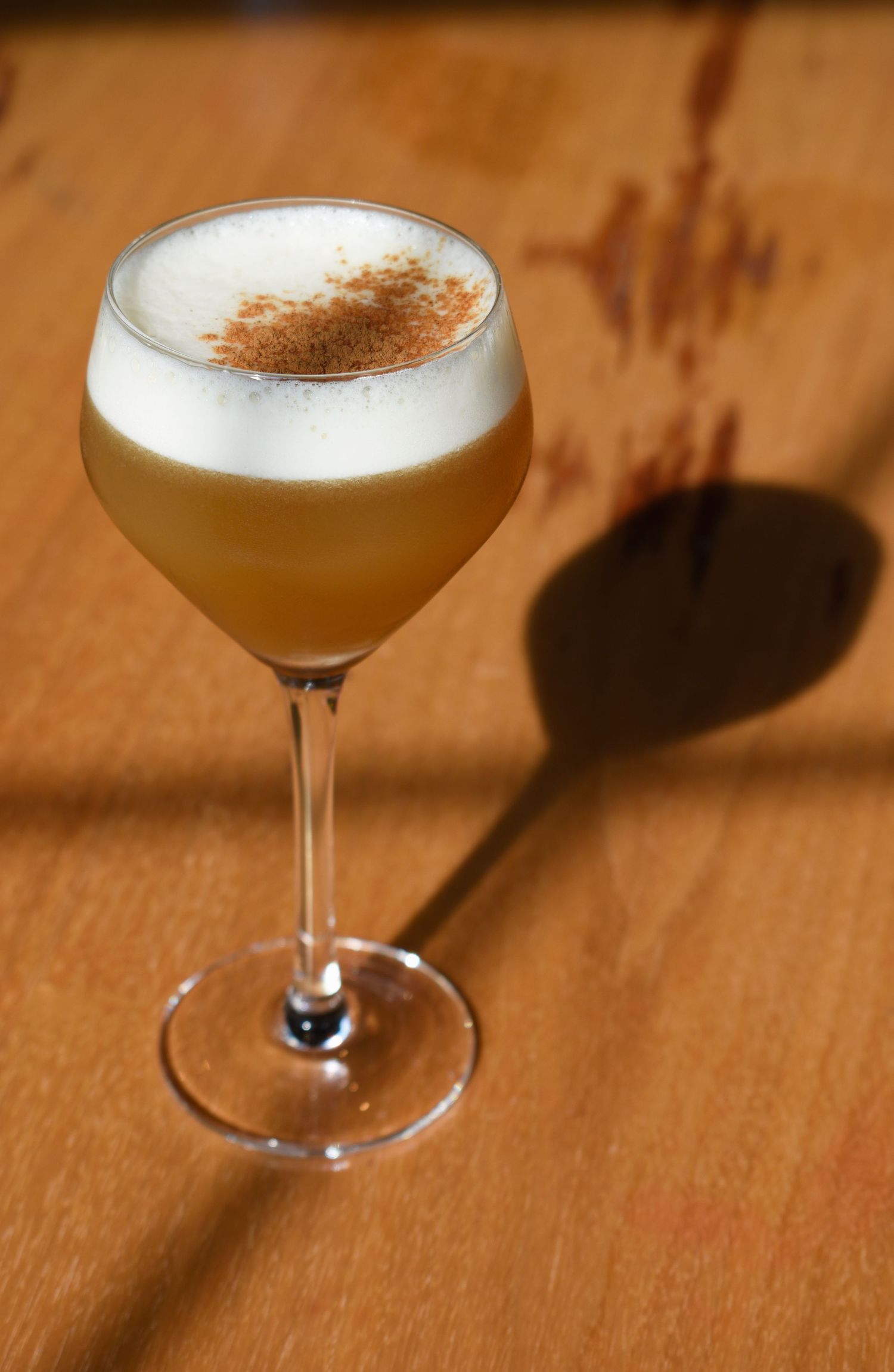 Elegant coupe cocktail with frothy egg white foam dusted with cinnamon, casting a dramatic shadow on wood surface.