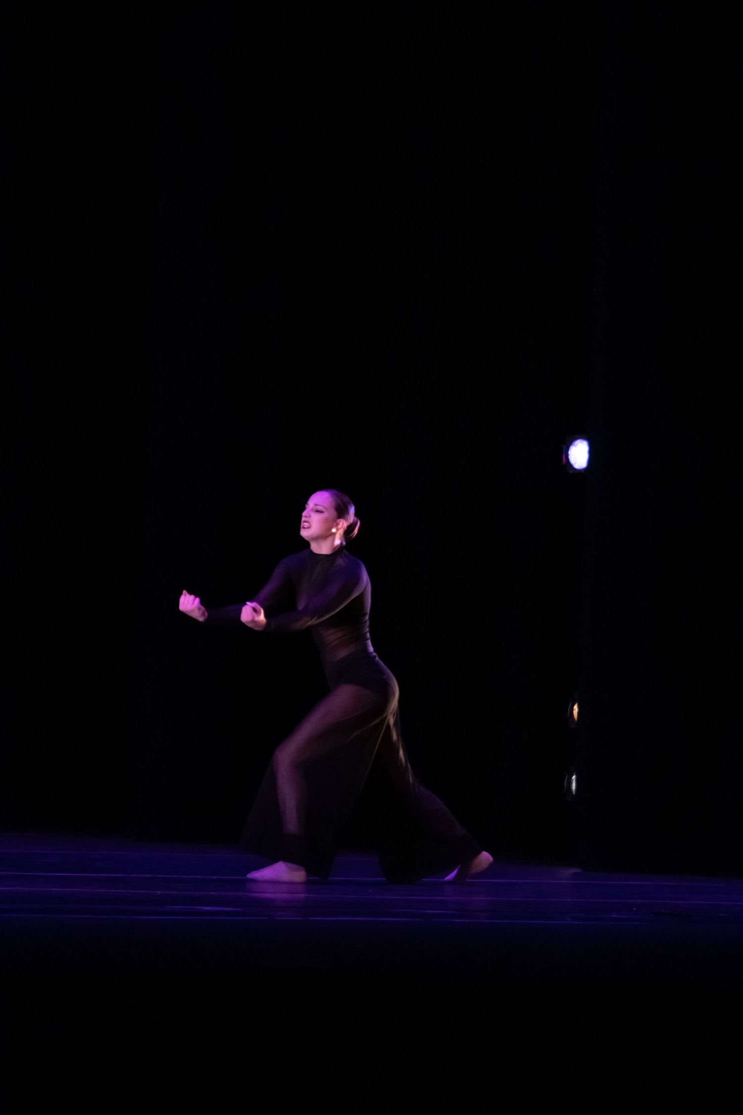 Dancer in sheer black gown performs dramatic contemporary routine on dimly lit stage.