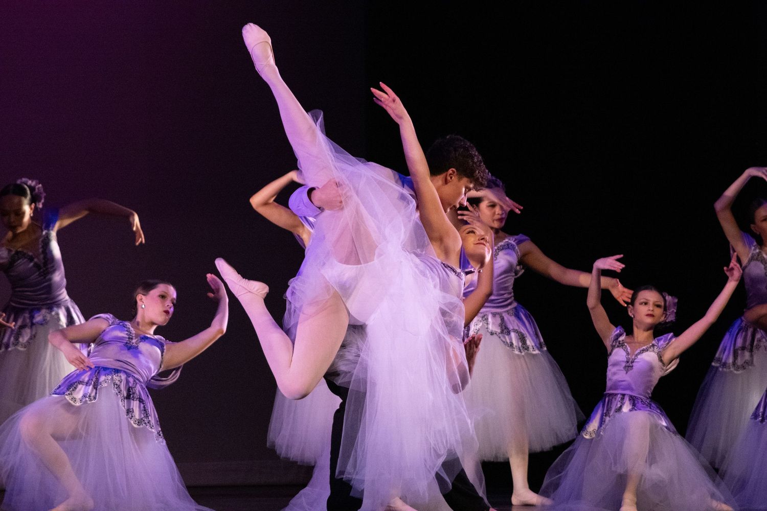 Ballet dancers in lavender tutus perform on stage, with a lead dancer executing a grand battement.