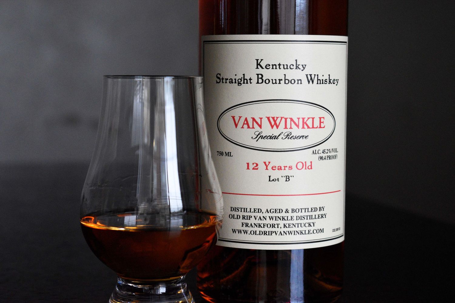 Van Winkle Special Reserve 12 Year Old Kentucky Straight Bourbon Whiskey bottle with Glencairn glass.