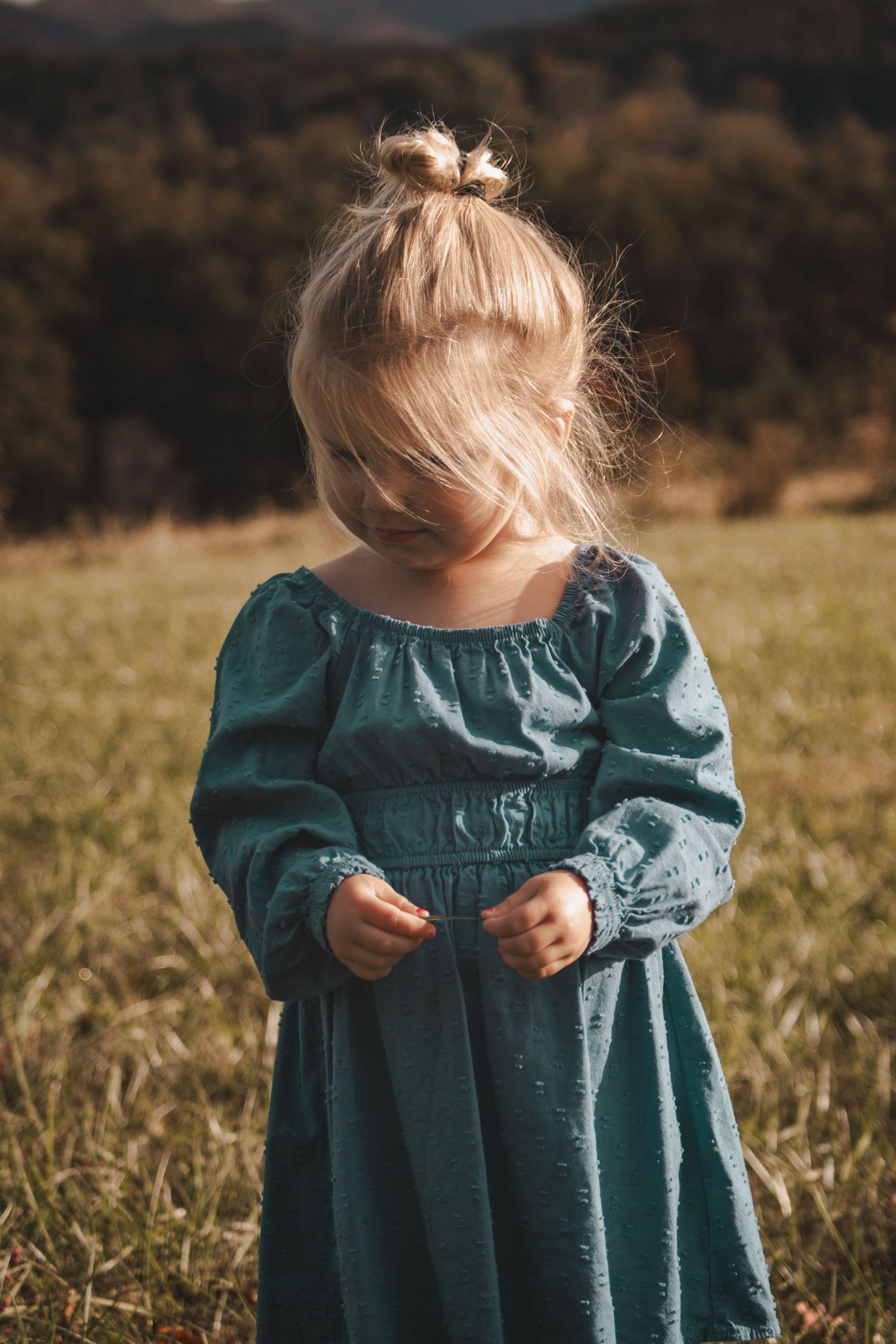 Child in green dress standing in sunlit mountain meadow.
