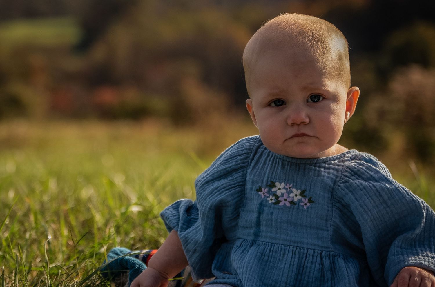 Young child in blue denim dress sits in sunlit grass during golden hour.