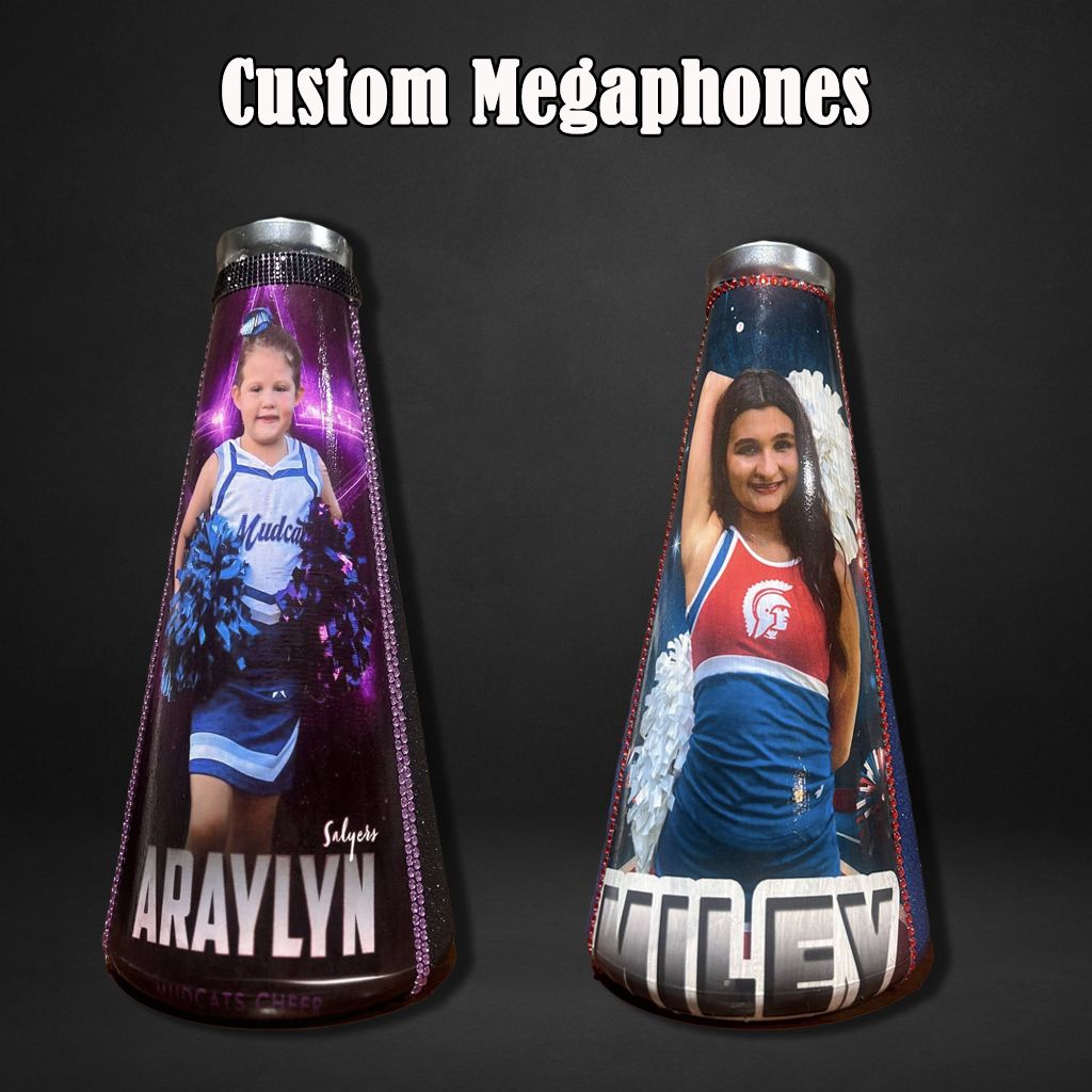 Custom designed megaphones with colorful galaxy patterns and athletic themes displayed on dark background.