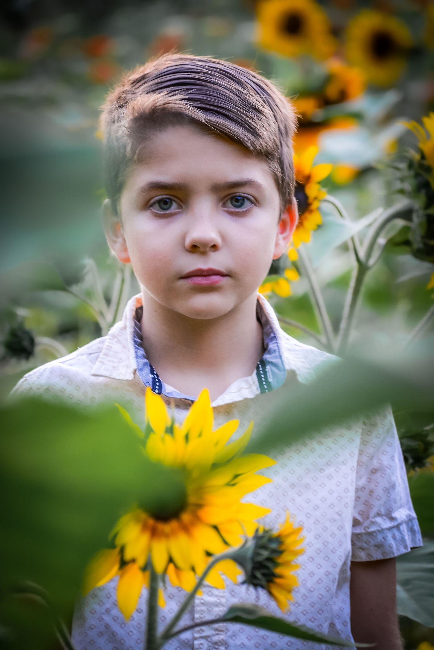 Bright yellow sunflowers create a natural frame in a garden portrait.