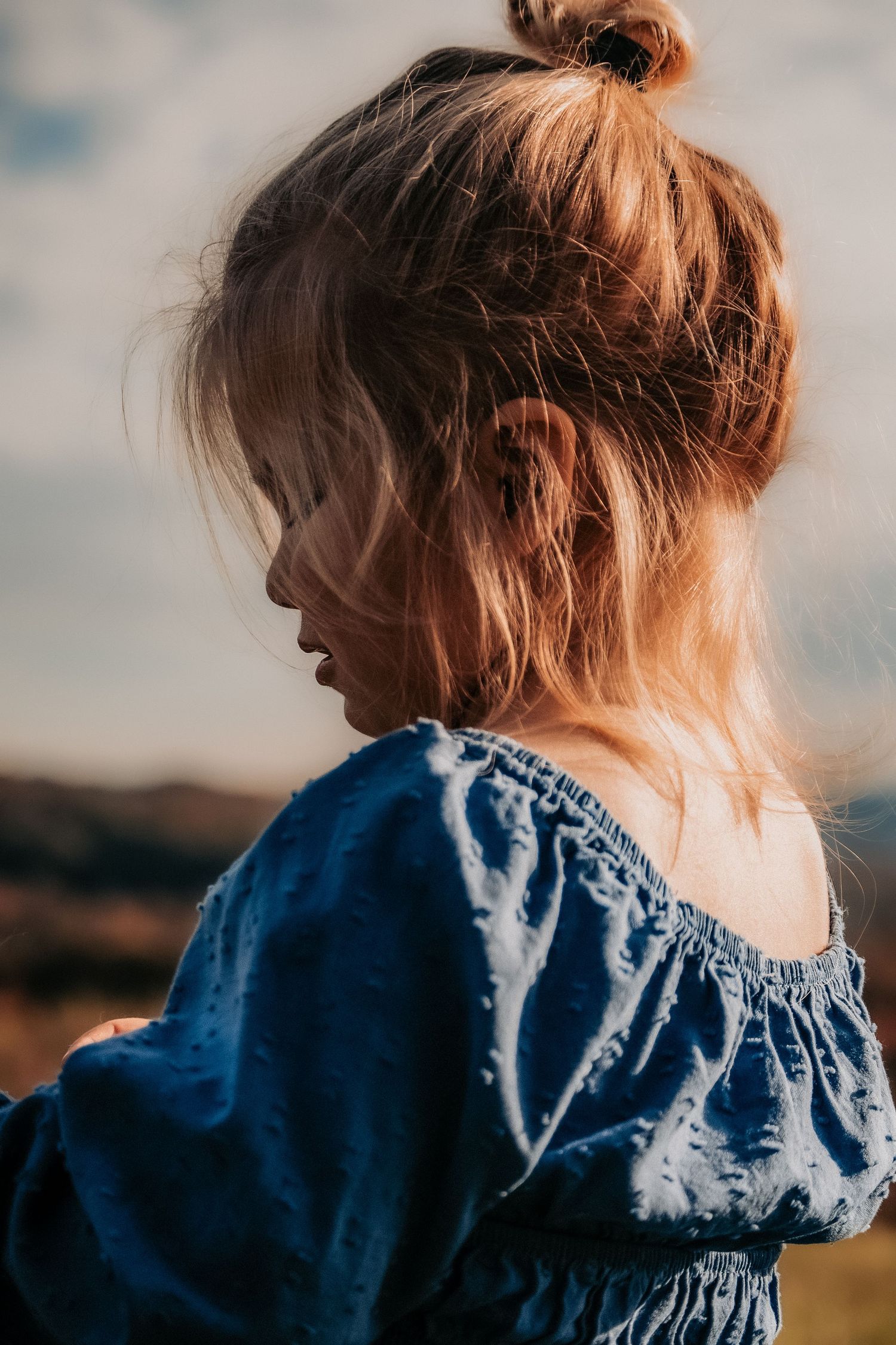 Side profile portrait of a person in a blue dress with blonde hair in a bun against a sunset landscape.
