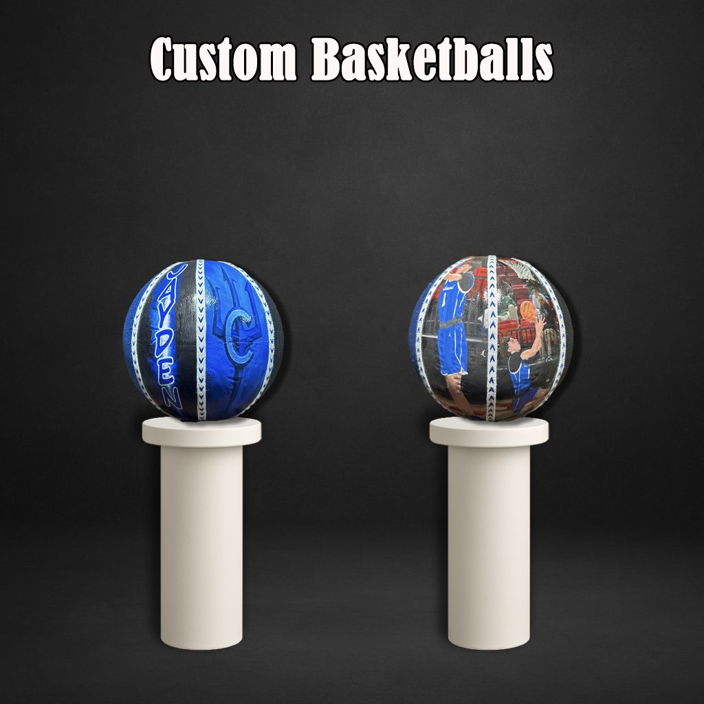 Two custom designed basketballs displayed on white stands against a dark background with text reading Custom Basketballs.
