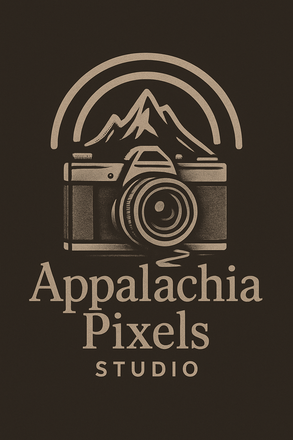 Collection of minimalist camera and photography studio logos in brown tones on dark background.