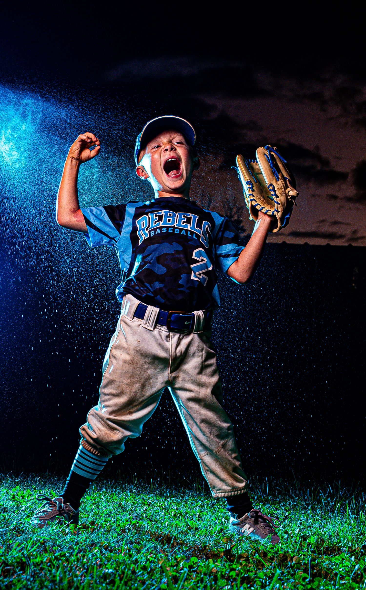 Young athlete in baseball uniform shows dynamic batting poses on grass.
