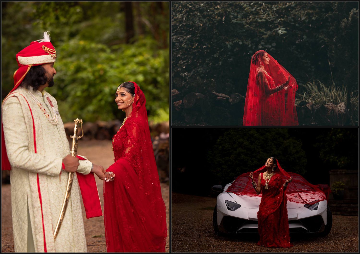 Wedding couple in traditional red Indian attire posing outdoors and with luxury car.