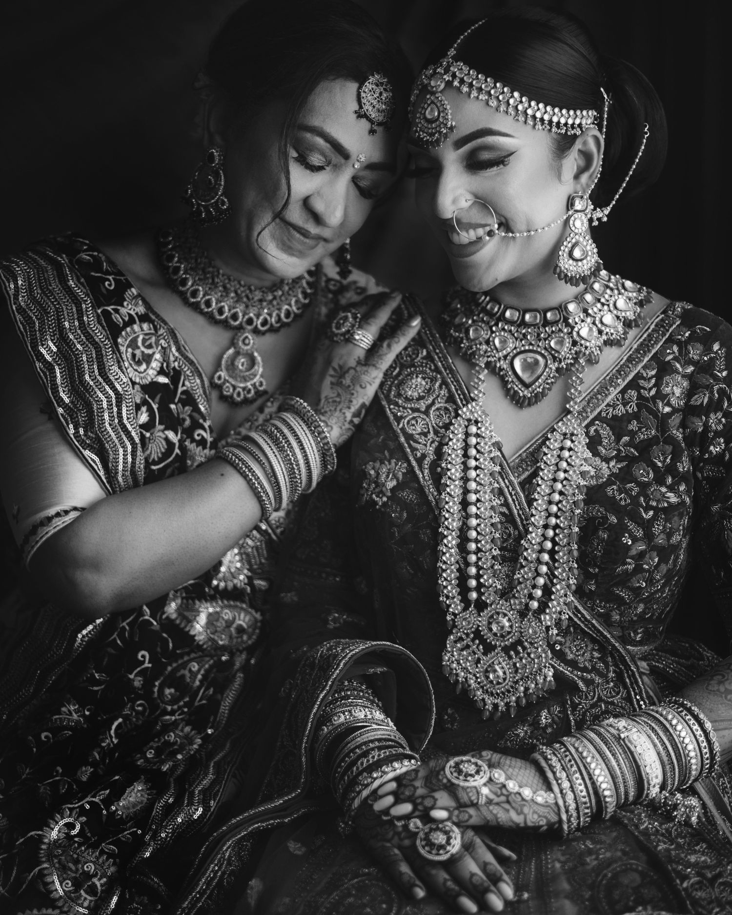 Black and white close-up shots of ornate Indian bridal jewelry and traditional wedding details.