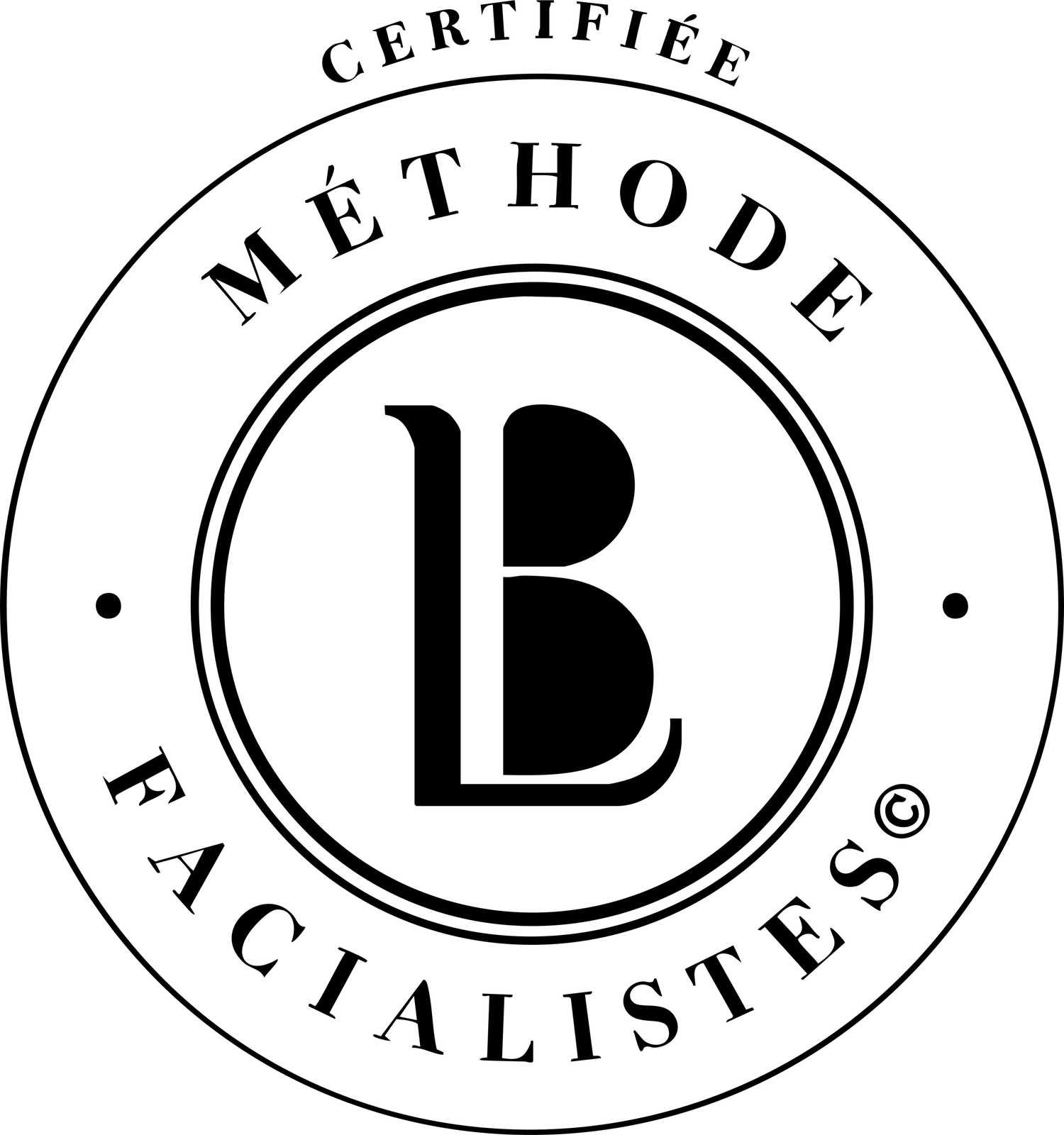 Certified Méthode Facialistes logo with elegant LB monogram in black circular seal design.