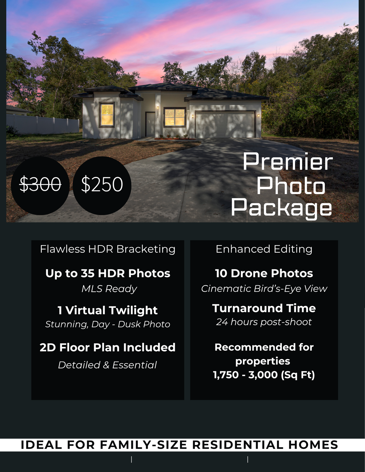Premier real estate photo package with HDR listing photos, drone photography, virtual twilight images, a 2D floor plan and fast delivery.