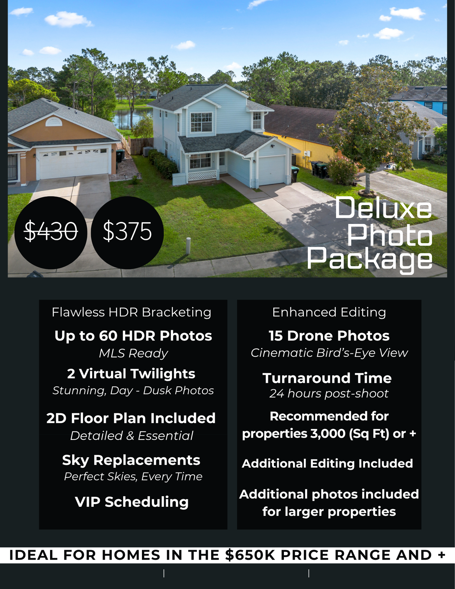 Deluxe real estate photo package with up to 60 HDR photos, 15 drone images, virtual twilights, a 2D floor plan and 24-hour delivery.