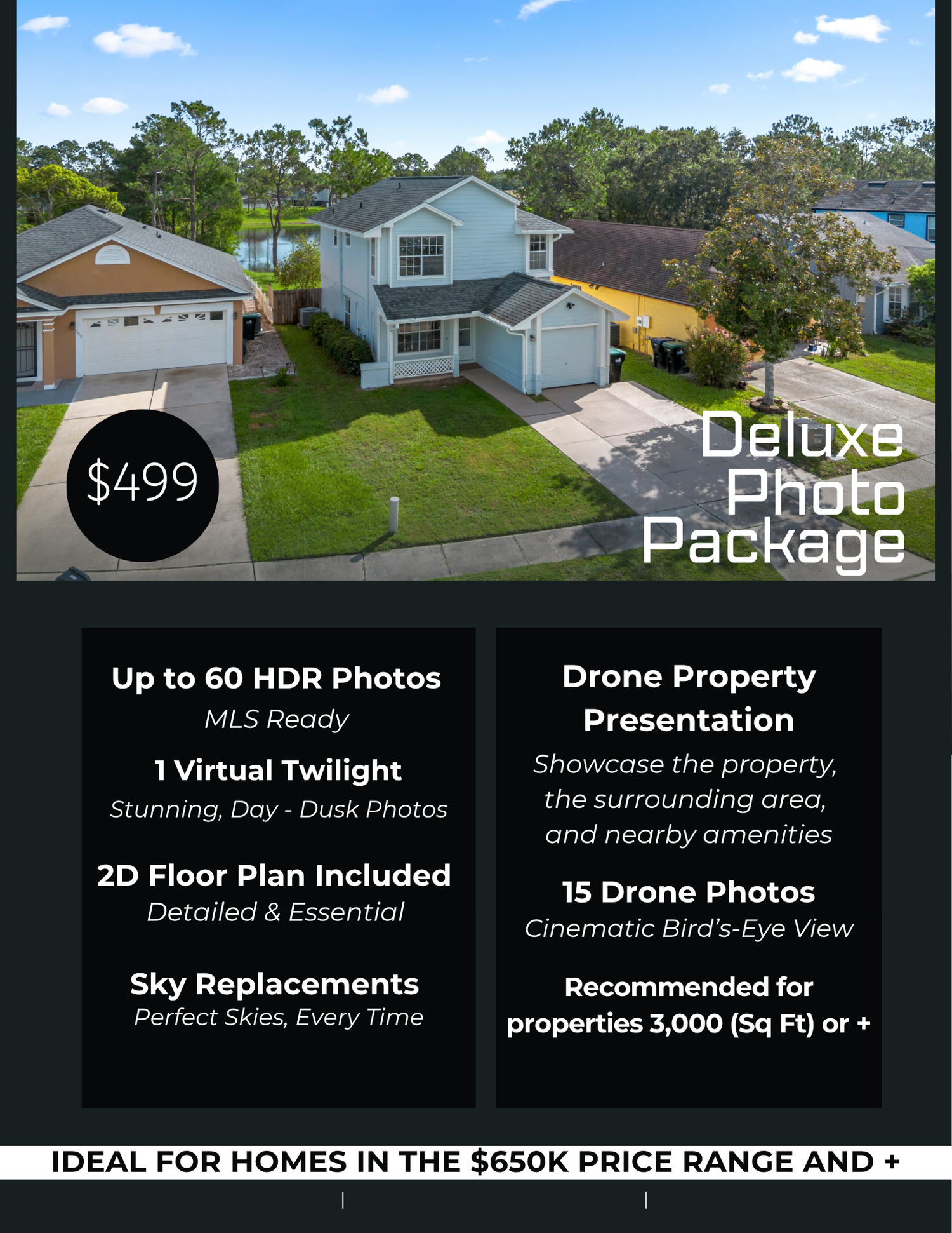 Deluxe real estate photo and video package: up to 60 HDR photos, 15 drone photos, drone video, virtual twilight and a floor plan.